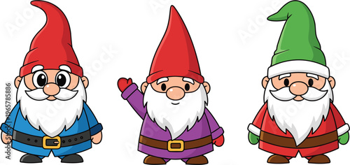 Three Cheerful Gnomes in Blue, Red, and Green Outfits with Pointy Hats