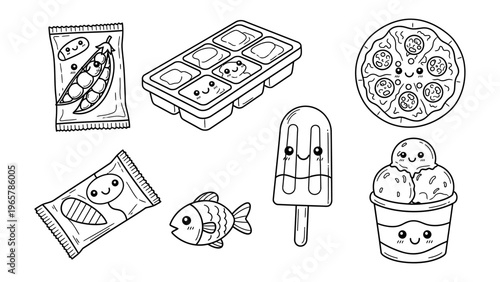 Kawaii frozen food vector illustration set featuring cute pizza ice cream and popsicle characters for coloring book and kids design