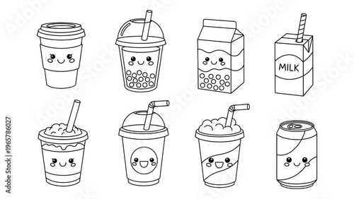 Kawaii drink characters vector illustration set featuring cute coffee bubble tea and milk for coloring book and stickers