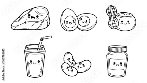 Kawaii protein food vector illustration set featuring cute meat egg peanut milk beans and jar for kids coloring book