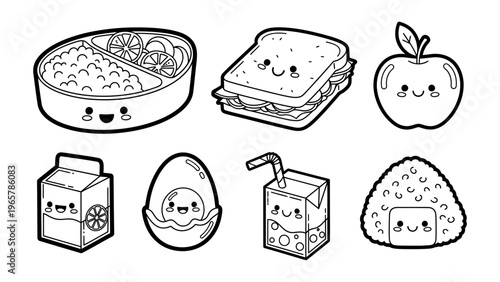Kawaii food and drink vector illustration set featuring cute bento box sandwich apple and juice for kids coloring book
