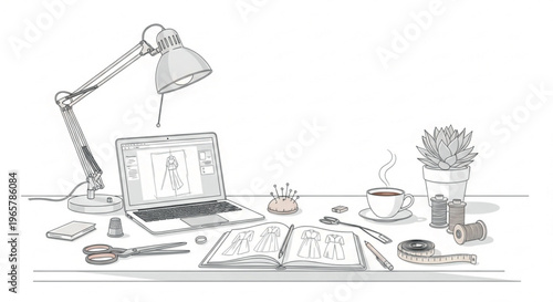 Fashion Designer Desk with Laptop, Sewing Tools, and Coffee Illustration
