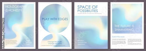 Iridescent hologram bg in blue gradient poster design. Gold foil texture with holo gradation paper. Abstract blurry pattern, mirror glitter. Wavy geometric shape with modern y2k glossy foil book cover