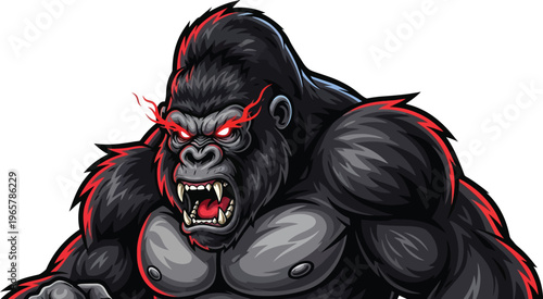 Furious Gorilla Character Illustration with Glowing Red Eyes and Muscular Physique