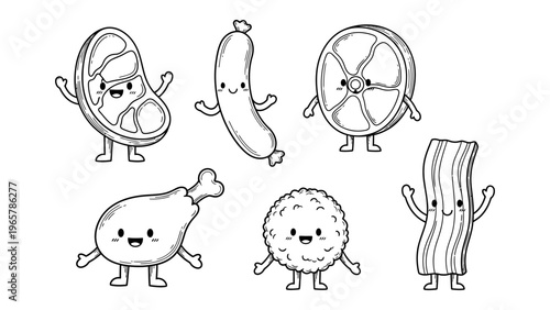 Cute kawaii meat characters vector illustration set with steak sausage chicken leg and bacon for coloring book and food design