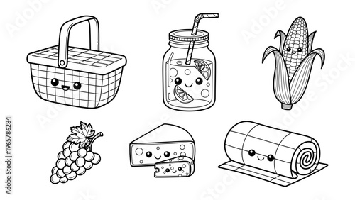 Kawaii picnic food and items vector illustration set in black and white line art for kids coloring book