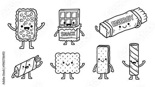 Kawaii snack characters vector illustration set with cute chocolate bar energy bar and biscuits for coloring book