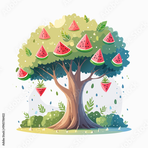 A whimsical tree bearing slices of juicy watermelon and plump strawberries, set against a soft, natural backdrop