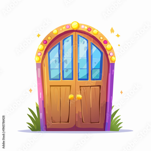 A charming and whimsical wooden door with ornate arched windows, set against lush greenery
