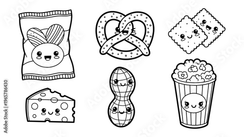 Kawaii snack food vector illustration set with cute faces featuring pretzel popcorn cheese and peanut for coloring book