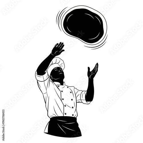 Chef tossing pizza dough in black and white illustration
