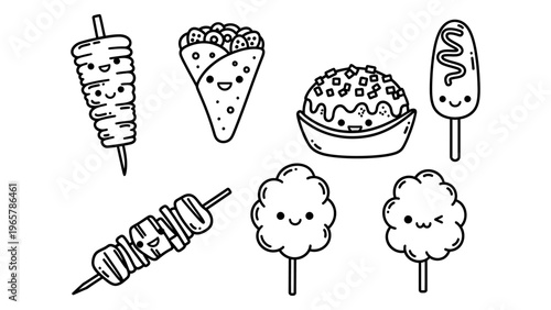 Kawaii street food vector illustration set featuring cute characters like kebab corn dog and cotton candy for coloring book