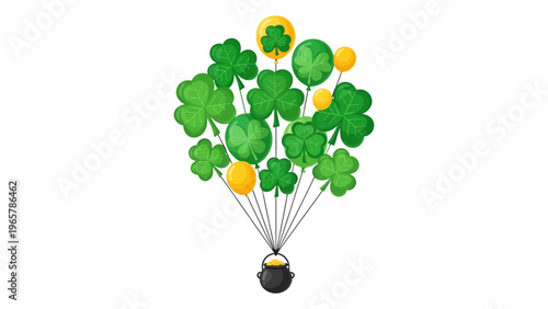 St. Patrick's Day pot of gold lifted by shamrock balloons vector illustration for luck and celebration concept