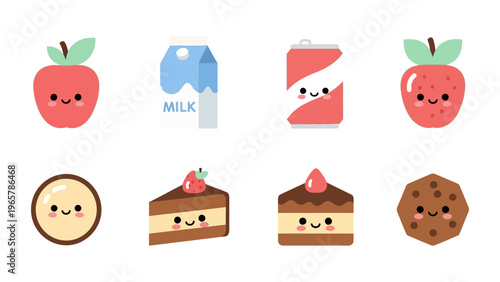 Kawaii food and drink character set featuring apple milk cake and cookie in flat design vector illustration style