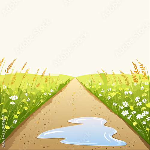 A dirt path with wildflowers and a puddle after rain leading into a field