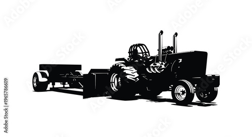 Vintage tractor with attached trailer depicted in stark black silhouette