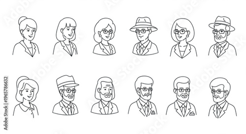 Set of 12 Diverse Elderly People Avatar Line Icons Vector