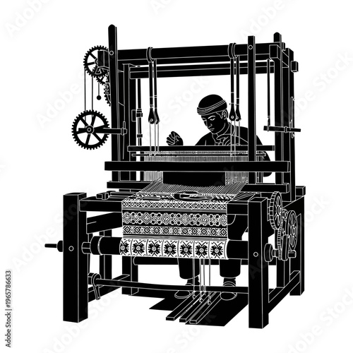 Black and white illustration of a person operating a traditional loom