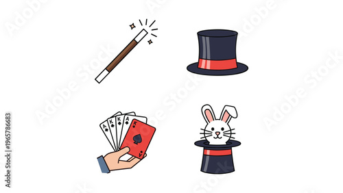 Classic illustrations of iconic magic show props and symbols