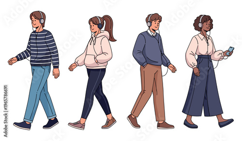 Diverse young adults walking in headphones and casual attire