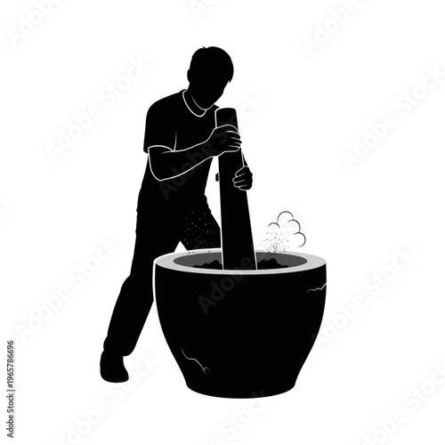 Silhouette of Man Pounding Ingredients in Mortar, a Traditional Method for Blending and Culinary Preparation