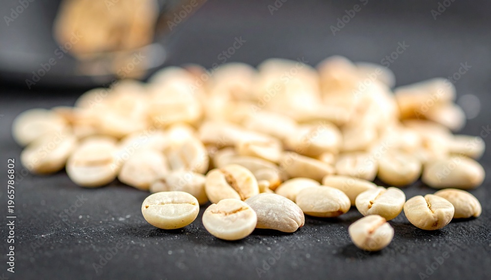 Fototapeta premium Close-up shot of raw, unroasted coffee beans scattered on a dark surface, highlighting their pale green hue