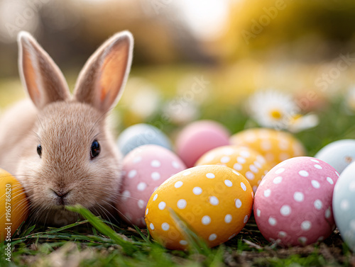 A close-up of a brown rabbit with alert ears nuzzles a white polka-dotted Easter egg, surrounded by colorful speckled eggs and a tiny daisy in lush green grass, with snow-capped mountains blurred