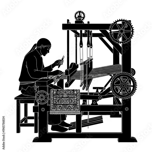 Traditional Artisan Weaving Fabric on a Hand Loom, Ancient Textile Craftsmanship Illustration