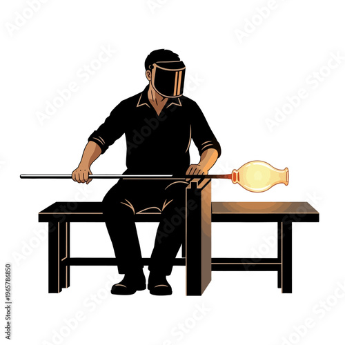 Glassblower working at bench with molten glass on blowpipe