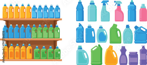 Colorful cleaning product bottles, detergent packaging, spray nozzle, screw cap, pour spout, household container, plastic design, shelf display, sanitation