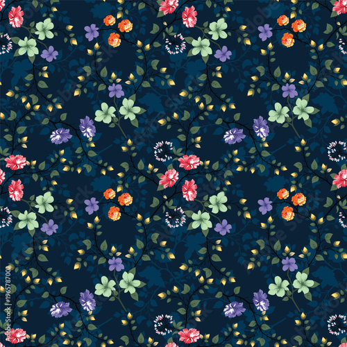 A dark blue background is covered with a delicate floral pattern of small flowers
