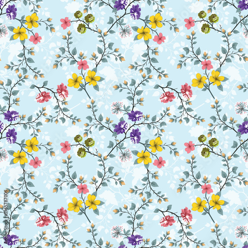 A dark blue background is covered with a delicate floral pattern of small flowers
