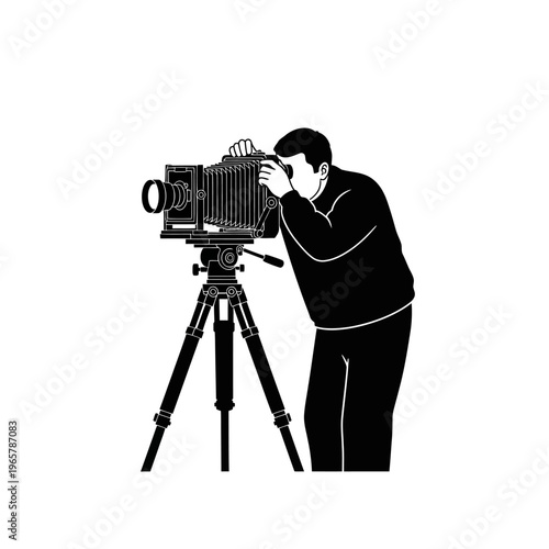 Vintage Photographer Using Large Format Camera on Tripod