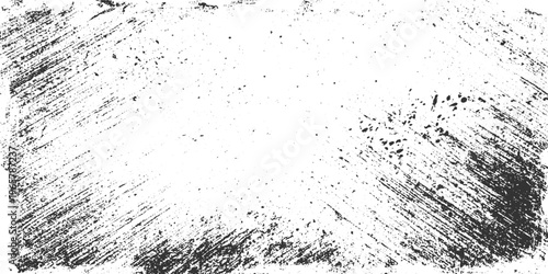 Black ink splatters and rough brush strokes on a white textured background paint