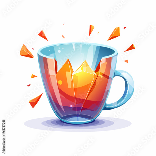 Broken glass cup with shards and crystals, symbolizing fragility and transformation