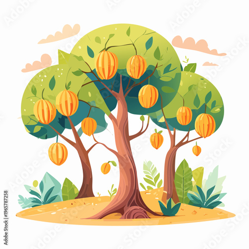 Vibrant Orchard Scene with Ripe Oranges Hanging from Lush Trees in a Sunny Landscape