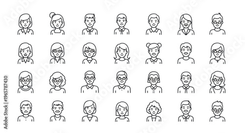 Set of 35 Diverse People Avatars Line Icons Vector