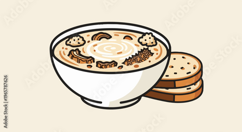 Creamy soup with hearty chunks and toasted bread slices