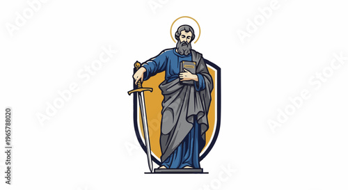 Bearded figure with halo, holding book and sword, stands before shield