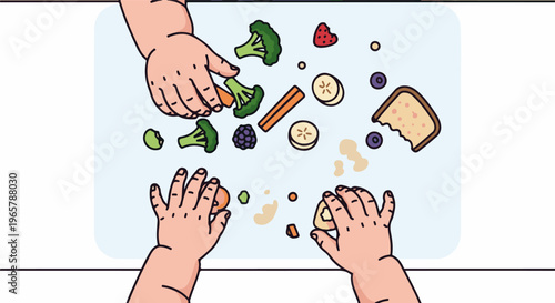 Hands preparing food, including fruit, vegetables, and toast
