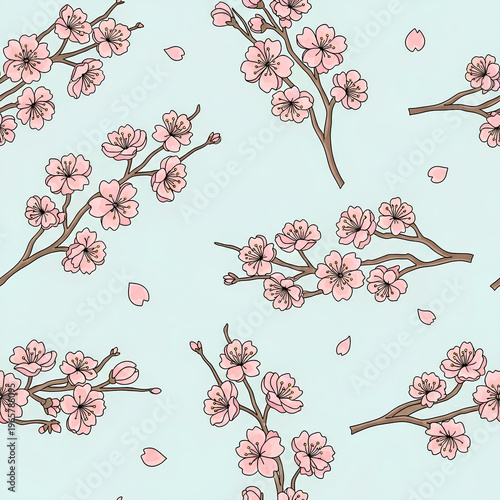 Beautiful Cherry Blossom Branches on a Light Blue Background.