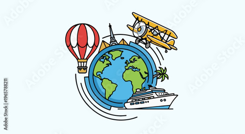 A cartoon globe surrounded by travel modes hot air balloon, biplane, and cruise ship