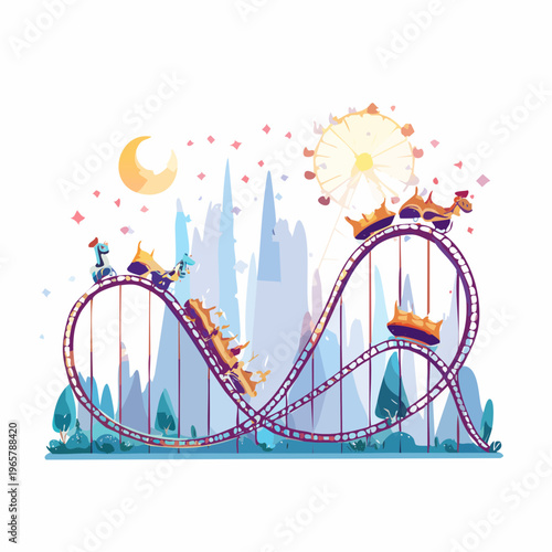 Amusement park with roller coaster and Ferris wheel on a starry night