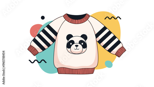 Cute children's sweater featuring a panda face on the front with black and white striped sleeves on a white base.