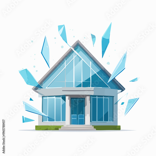 Dynamic illustration of a modern building with glass breaking, representing sudden impact or structural stress