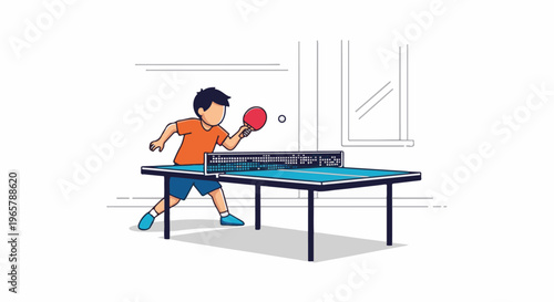 Cartoon boy playing table tennis indoors