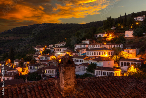 Sirince Village Houses Illuminated at Twilight in Turkey