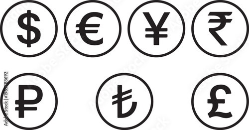 A collection of currency symbols from around the world