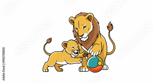 A lion cub plays with a ball near an adult lion