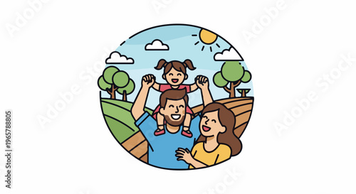 Joyful family outdoors in a pastoral landscape with sun and clouds